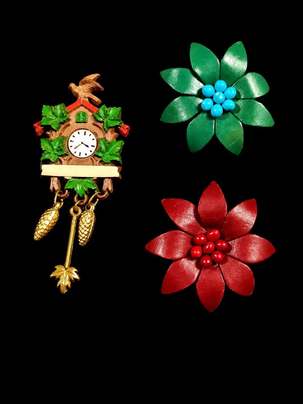 Vintage Brooch Lot 3 Pc German Cuckoo Wooden Clock Leather Flower Pins
